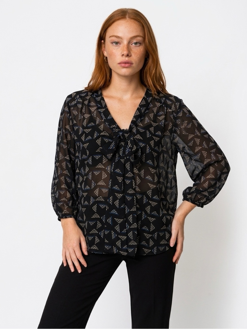 Xhilaration Black Sheer Tie-Neck Blouse with Geometric Print